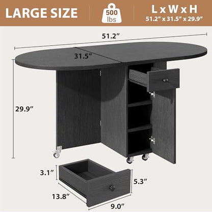 Jocoevol Round Folding Dining Table for 6, Space Saving Drop Leaf Kitchen Table with Storage Drawer, 6 Wheels Oval Gateleg Foldable Dining Table for Small Spaces (Black, 51" x 31.5" x 30") - color: Black