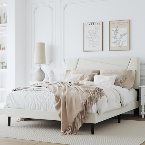 Full Size Upholstered Bed Frame Frame with Headboard，Velvet Beige | Geometric Head Board Platform Bed, Sturdy Wooden Slats, Noiseless No Box Spring Required, Easy to Assemble - color: Beige, size: Full