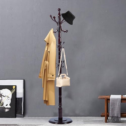 Coat Racks FreeStanding with 14 Hooks, Natural Wood Coat Rack with Solid Round Base, Adjustable Height Coat Racks, Easy Assembly for Hallway, Bedroom and Office (Rosewood Ruyi Hook) - color: Rosewood Ruyi Hook