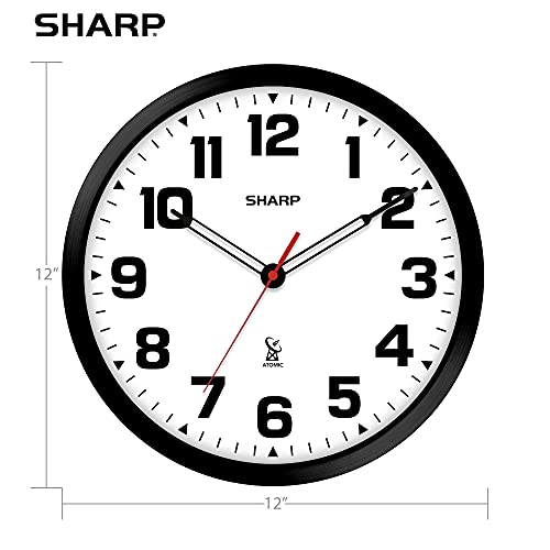Sharp 12-Inch Atomic Wall Clock, Battery Operated, White with Black Frame | Self-setting atomic time; Easy-read analog face; Automatic time adjustment; Simple setup; Versatile home or office style - color: Black / White, size: Large