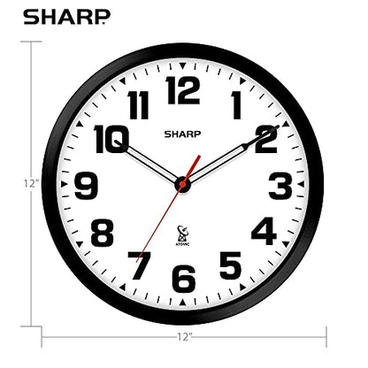 Sharp 12-Inch Atomic Wall Clock, Battery Operated, White with Black Frame | Self-setting atomic time; Easy-read analog face; Automatic time adjustment; Simple setup; Versatile home or office style - color: Black / White, size: Large