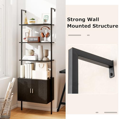 Giantex 72.5" Ladder Bookshelf with Cabinet, 5-Tier Tall Wall-Mounted Shelf w/Storage, Modern Style Kitchen Open Shelving Organizer, Heavy-Duty Metal Frame Display Rack for Living Room,Black - color: Black