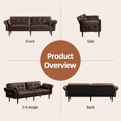 HALLYBEE 85" Futon Faux Leather Couch with Adjustable Armrests Coffee Brown | Futon Sofa Bed, Sleeper Sofa, Small Couch with Pillows, Side Pockets, Mid Century Modern, Living Room, Bedroom, Apartment - color: Coffee Brown