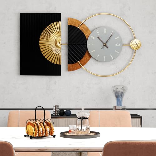 32"x16" Large Modern Silent Non-Ticking Wall Clocks for Living Room | Mid-Century modern abstract asymmetrical design,metal frame,gray dial,gold finish,kitchen,bedroom,office use,battery operated - color: Black-32x16 Inch, size: Medium