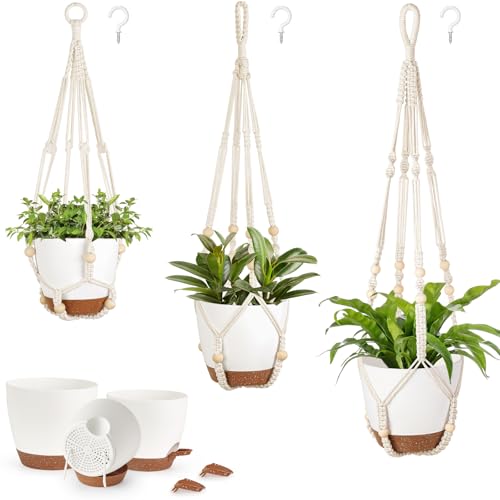 Mkono 3 Pack Hanging Planters for Indoor Plants, Macrame Hangers, 3 Sizes | Self-Watering Plant Pots, 35"/29"/23" Hanging Baskets, Boho Aesthetic, Sturdy Hooks, Outdoor Garden Use, Home Decor Accent - color: Ivory