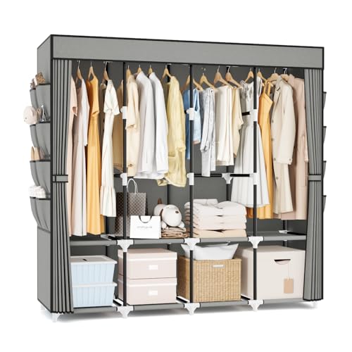 Portable Closet for Hanging Clothes, 67 Inch Wide Portable Wardrobe Closet with Cover, 4 Hanging Rod, Storage Shelves and Side Pockets, Large Free Standing Closet for Bedroom, Grey - color: Grey, size: 4 Row - 67'' Wide