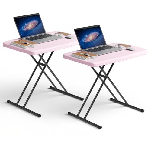 Folding Table 30 Inch - 2Pack,Small Desk Adjustable Height TV Tray for Laptop, Couch, Camping - Heavy Duty Utility Foldable Table for Small Spaces, No Assembly Required, Pink Granite - color: Pink, size: 30in-2Pack
