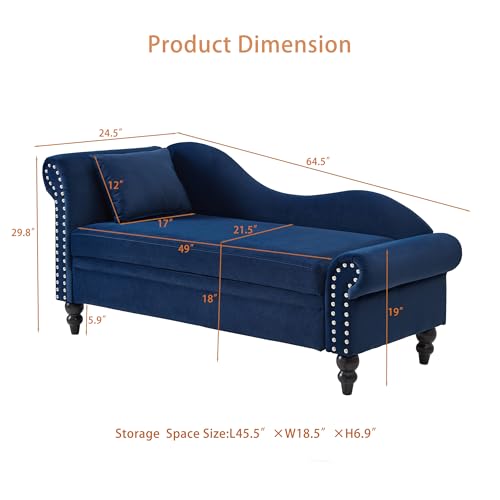 ERYE Velvet Upholstered Right Facing Chaise Lounge Chair, Blue Chaise Lounge Storage W/Nailhead Trim, Wood Legs, Classic Recliner Lounger Accent Sofa for Living Room Bedroom - color: Navy Blue/R