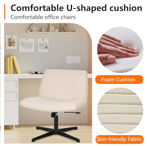 FDW Criss Cross Chair Armless Cross Legged Office Desk Chair Adjustable Swivel Ergonomic Desk Chair No Wheels U Shaped Backrest with Wide Seat Native Sponge Computer Task Vanity Chair for Home Office - color: Beige, style: Without Wheels(2 pcs)