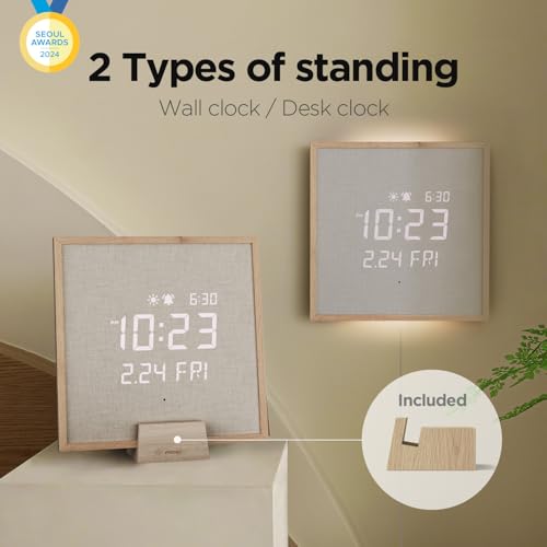 mooas Wooden Frame LED Silent Wall Clock (Wooden Frame Light Brown) | Remote Control, Backlit Nightlight, Modern Digital LED Wall Clock Sunrise Alarm Melody 5 Brightness for Bedroom Living Room - color: Wooden Frame Light Brown