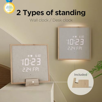 mooas Wooden Frame LED Silent Wall Clock (Wooden Frame Light Brown) | Remote Control, Backlit Nightlight, Modern Digital LED Wall Clock Sunrise Alarm Melody 5 Brightness for Bedroom Living Room - color: Wooden Frame Light Brown