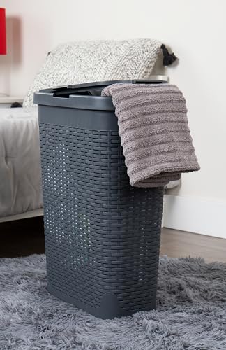 Mind Reader Slim Laundry Hamper with Lid, 40L Clothes Basket, Narrow Tapered Design with Ventilated Cutout Pattern, Plastic, Gray - color: Gray, size: Single