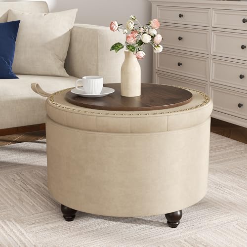 24 Inch Round Storage Ottoman,Modern Tufted Ottomans,Circular Coffee Table with Removable Top,Upholstered Large Ottoman with Storage Footrest Stool for Bedroom Living Room (Lightbrowm) - color: Lightbrown, size: 24"D x 24"W x 16.9"H