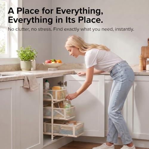 3 Tier Under Sink Organizer, Pull Out Cabinet Storage Organizer with Sliding Mesh Drawers, Heavy Duty Metal Under Sink Storage for Kitchen, Bathroom, Cabinet, Small Space, White, 1 Pack