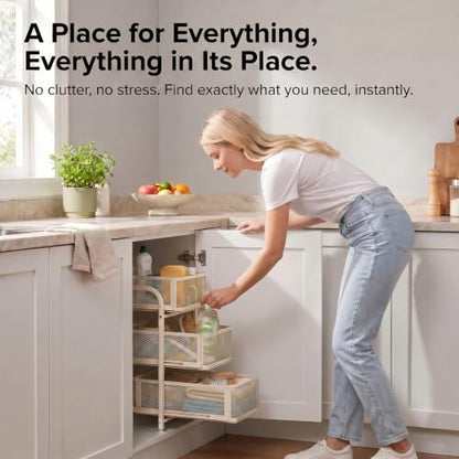3 Tier Under Sink Organizer, Pull Out Cabinet Storage Organizer with Sliding Mesh Drawers, Heavy Duty Metal Under Sink Storage for Kitchen, Bathroom, Cabinet, Small Space, White, 1 Pack