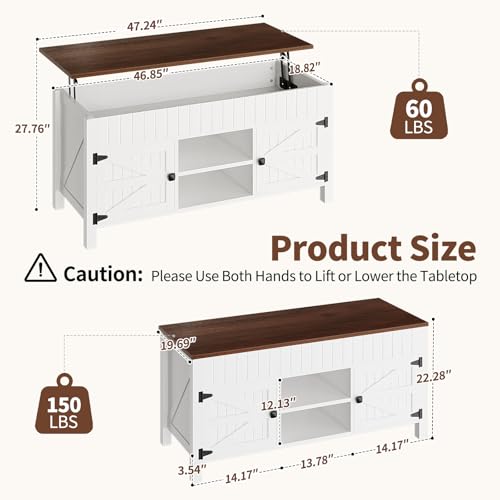 47.3“ Lift Top Coffee Table with Storage - White Coffee Tables for Living Room, Farmhouse Wood Center Table, Large Rectangle Middle Tables with Hidden Compartment & Adjustable Shelf - color: White and Walnut