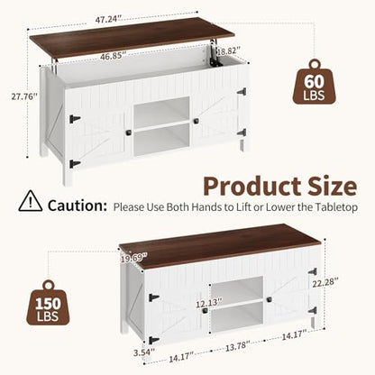 47.3“ Lift Top Coffee Table with Storage - White Coffee Tables for Living Room, Farmhouse Wood Center Table, Large Rectangle Middle Tables with Hidden Compartment & Adjustable Shelf - color: White and Walnut
