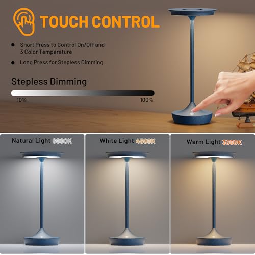 LED Rechargeable Cordless Outdoor 6000mAh Battery Table Lamp 2-Pack Blue | Portable Waterproof 3 Color Stepless Dimmable Lights Memory Function for Patio Restaurant Bar Dining Room - color: 2Pack Blue
