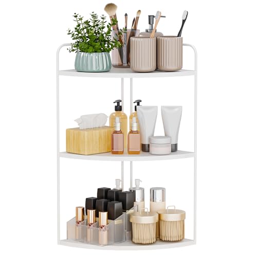 Bathroom Counter Organizer, Vanity & Makeup Countertop Organizer | Corner Bathroom Counter Organizer, Bathroom Sink Organizer, Bathroom Counter Shelf, Countertop Organizer, Corner Desk Shelf - color: White 3 Tier