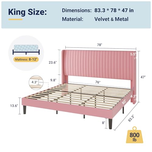Allewie King Size Velvet Bed Frame/Vertical Channel Tufted Wingback Headboard/Upholstered Platform Bed/Strong Wooden Slats/No Box Spring Needed/Easy Assembly/Pink - color: Pink, size: King