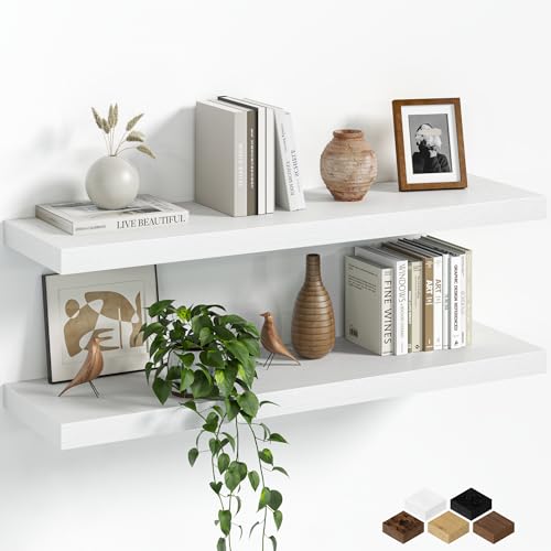 Fun Memories Floating Shelves for Wall, 32 Inch Set of 2 Rustic Wood Wall Shelves with Invisible Brackets, Heavy Duty Storage Display for Living Room Bedroom Kitchen, White - color: White, size: 6.5"D x 32"L - 2Pack