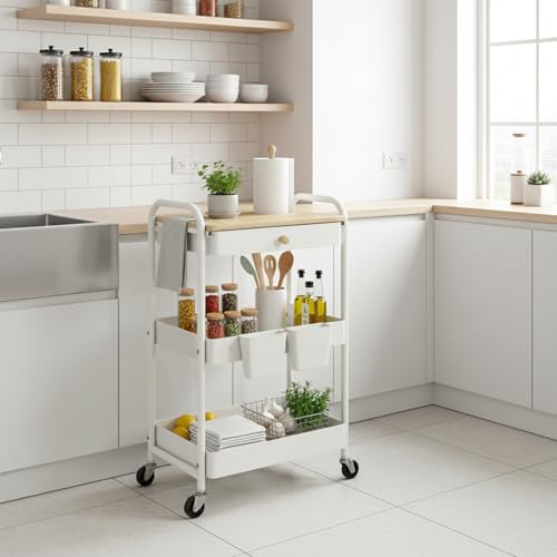 3 Tier Rolling Cart with Wooden Table Top, White Rolling Utility Cart with Drawer & Locked Wheels, Easy Assembly for Nursery, Living Room, Studio - color: White