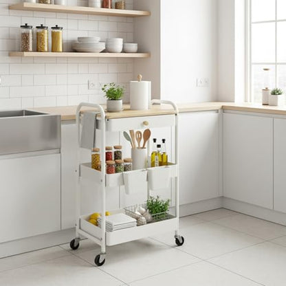 3 Tier Rolling Cart with Wooden Table Top, White Rolling Utility Cart with Drawer & Locked Wheels, Easy Assembly for Nursery, Living Room, Studio - color: White