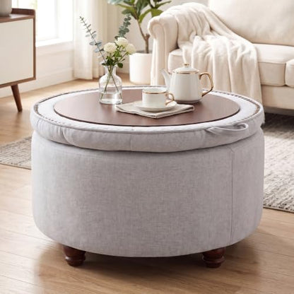 30" Round Storage Ottoman Coffee Table, Tufted Lid & Wood Top, Gray | Nailhead Trim Solid Wood Legs Extra Large Footrest Linen-Like Fabric - color: Grey
