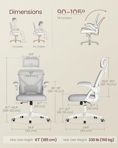 VASAGLE Office Chair, Adjustable Mesh with Lumbar Support and Headrest | Ergonomic desk chair, 90-105° tilt function, wide seat, flip-up armrests, Dove Gray UOBN044GD01S - color: Dove Gray, size: Set of 1, style: Office Chair With Headrest