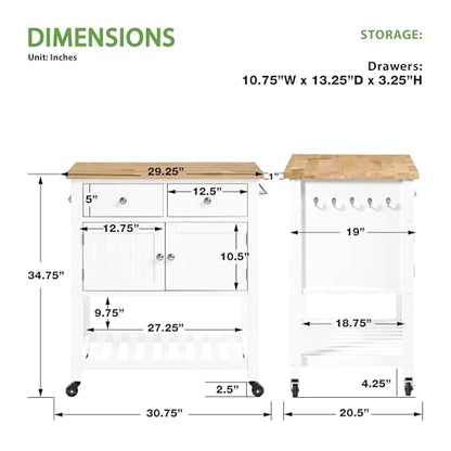 OSP Home Furnishings Stirling Farmhouse Kitchen Cart, Rolling Storage Cabinet with Drawers, Shelf, 5 Utility Hooks, White with Wood Top