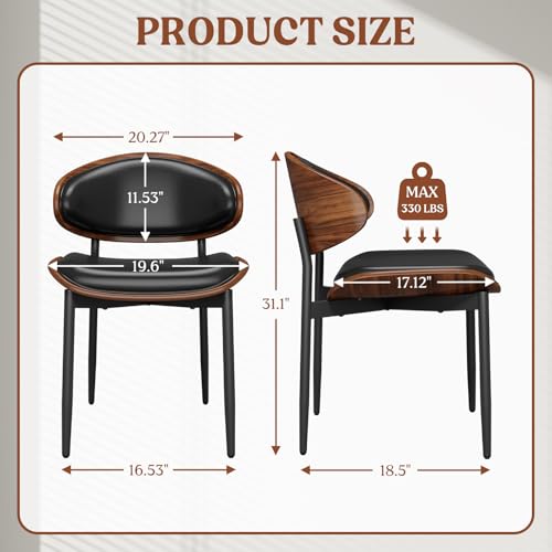 Dining Chairs Set of 2, Mid-Century Modern Upholstered PU Leather Chairs | with Walnut Bentwood Back and Metal Legs Adjustable Feet for Kitchen Dining Room, Black PU - color: Black Pu