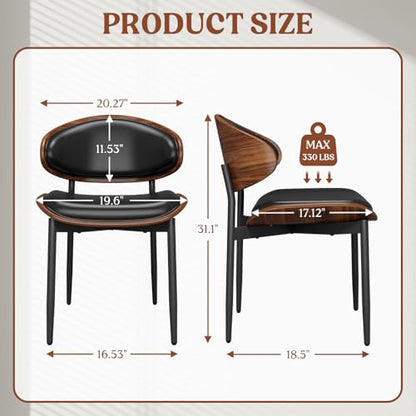 Dining Chairs Set of 2, Mid-Century Modern Upholstered PU Leather Chairs | with Walnut Bentwood Back and Metal Legs Adjustable Feet for Kitchen Dining Room, Black PU - color: Black Pu
