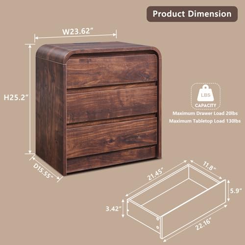 Aitjunz 25" Tall Modern Nightstand with Charging Station, 23.6'' Wide Wood Bedside Table w/3 Storage Drawers, Small Dresser w/Curved Profile Design, End Table for Bedroom, Brown - color: Brown