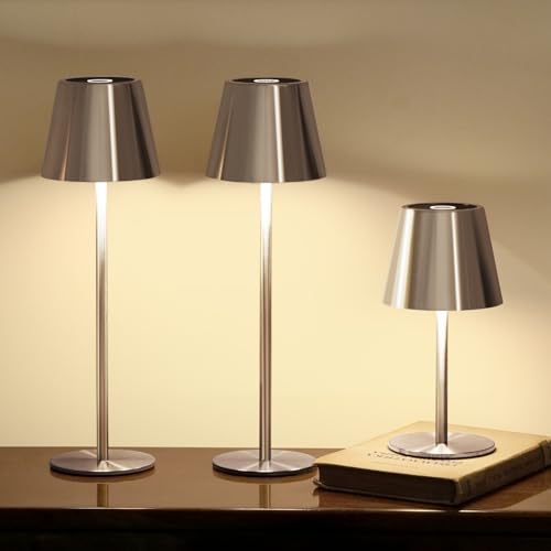 3 Pack Cordless Table Lamp, Portable Battery Operated Lamp with 3 Color Temps and Stepless Dimming, Rechargeable Table Lamp for Dinner, Desk, Cafe, Outdoor (Brushed Silver) - color: Brushed Silver, size: 3 Pack