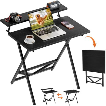 WOHOMO Folding Computer Desk with Monitor Stand, Adjustable Height, Black | Foldable Table Small Office Desk for Bedroom, Space Saving Desk for Home Office, Easy Assembly - color: Black