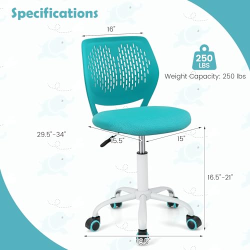 POWERSTONE Small Home Office Desk Chair, Swivel Rolling Study Computer Chair, Adjustable Height Task Chair with Armless Mid Back, Upholstered Mesh Seat,Turquoise - color: Urquoise