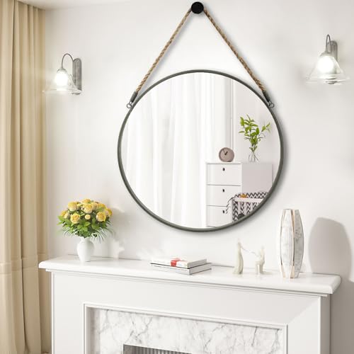 POZINO 30 Inch Large Round Hanging Mirror with Grey Metal Frame | Circle HD Mirror with Jute Rope, Anti-Rust, Farmhouse Decorative Wall Mirror for Entryway, Living Room, Fireplace, Bathroom - color: Grey, size: 30"L x 30"W
