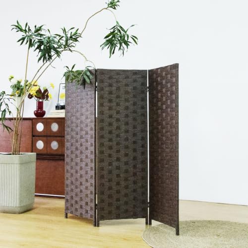 3 Panel Double Sided Short Room Divider for Room Separation, Dark Brown Rattan Folding Privacy Screen, Freestanding Partition Screen for Home Office - 3.95 ft Tall - color: Dark Brown, size: 3 Panel