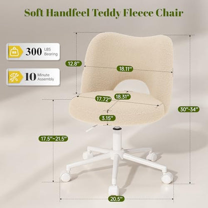 DurayLoly Vanity Chair with Open-Back & 360° Swivel | Cute Desk Chair, Silent Caster , Soft Teddy Fleece, Height Adjustable,Off-White - color: Off-white