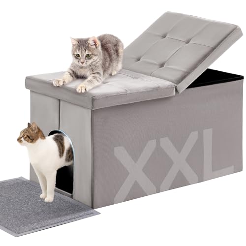 MEEXPAWS Cat Litter Box Enclosure Furniture XXL Velvet Lift Design Lid | Extra Large Hidden Cat Washroom Bench Ottoman, Storage Cabinet Dog Proof, Urine Proof, Easy Clean, Quick Assembly, Grey - color: Grey, size: XXL 35.4'' x W19.7'' x H19.7''