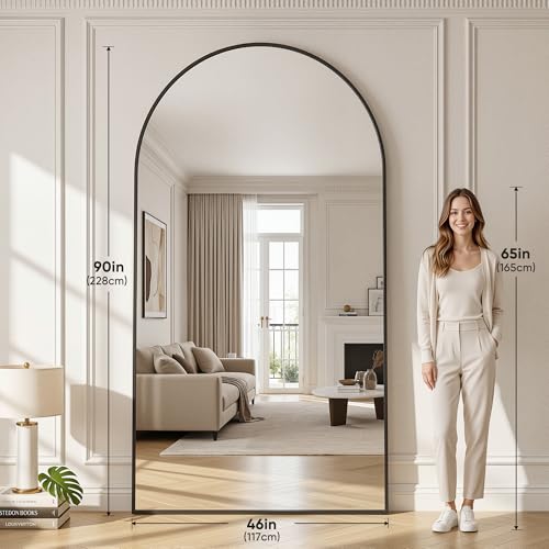 46"×90" Arched Full Length Floor Mirror, Standing Mirror with Aluminum Frame, Large Body Mirror of Free Standing/Wall Mount/Leaning for Bedroom, Living Room, Dressing Room, Black - color: Black, size: 90"L x 46"W