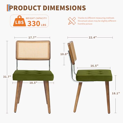 GarveeHome Natural Rattan Dining Chairs Set of 2, Velvet Upholstered Kitchen Chairs with Tall Cane Backrest and Strong Wood Legs for Dining Room, Kitchen, Restaurant, Green - color: Green, size: 2 PCS