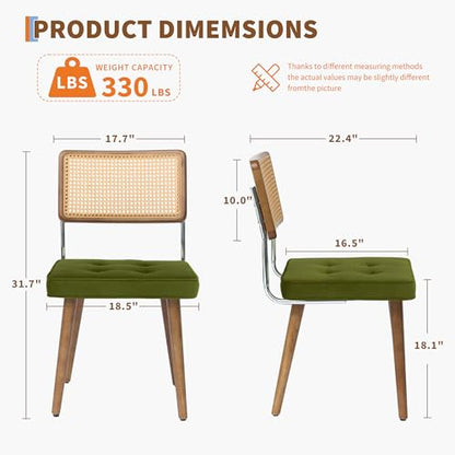 GarveeHome Natural Rattan Dining Chairs Set of 4, Velvet Upholstered Kitchen Chairs with Tall Cane Backrest and Strong Wood Legs for Dining Room, Kitchen, Restaurant, Green - color: Green, size: 4 PCS