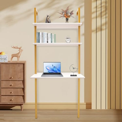 Industrial Wall Mount Desk, 3-Tier Ladder Computer Desk, 30inch Floating Computer Writing Table with Storage Shelves for Home Office Small Spaces (Gold+White) - color: Gold+white