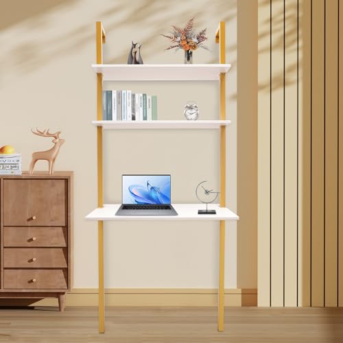 Industrial Wall Mount Desk, 3-Tier Ladder Computer Desk, 30inch Floating Computer Writing Table with Storage Shelves for Home Office Small Spaces (Gold+White) - color: Gold+white