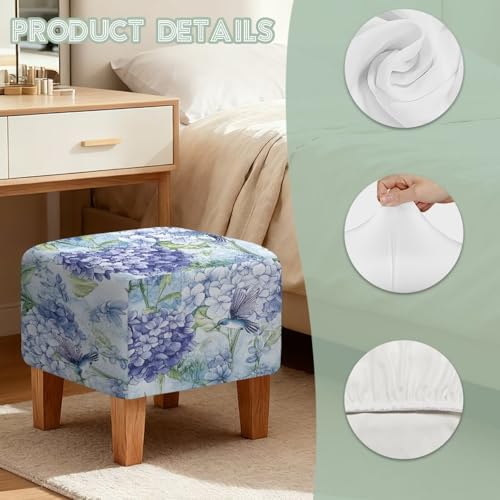 Hummingbird Hydrangea Print Ottoman Cover, Stretch Square Ottoman Slipcovers Machine Washable Foot Stool Cover for Living Room, Folding Storage Furniture Protector - color: Hummingbird Hydrangea