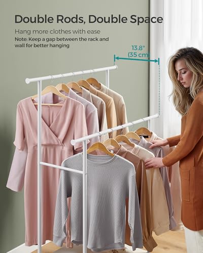SONGMICS Clothes Rack with Wheels, Double-Rod Clothing Rack for Hanging Clothes, 38.8 Inches Garment Rack with Shelf, Loads up to 220 lb, for Bedroom, Closet, Natural Beige and Cloud White UHSR152W01 | Clothing Rack for Hanging Clothes, 38.8 Inches, Loads