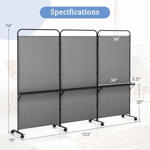 GOFLAME 3 Panel Room Divider with Storage Shelves, 6FT Folding Privacy Screen with Lockable Wheels, Portable Rolling Wall Divider, Freestanding Partition Screen for Room Separation, Grey - color: Grey