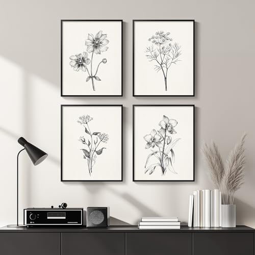 Framed Black and White Floral Wall Art for Bedroom, 4 Piece 11x14 In | Modern farmhouse wall decor, Minimalist flower pictures, Botanical canvas Prints, Living room kitchen bathroom wall decor - color: Sketch - Black Framed, size: 11" W x 14" H x 4 pcs