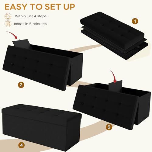 43.5" Folding Storage Ottoman Bench,Rectangle Foot Rest Stool for Living Room and Bedroom Holds 660 lbs,Black - color: Black-43.5"